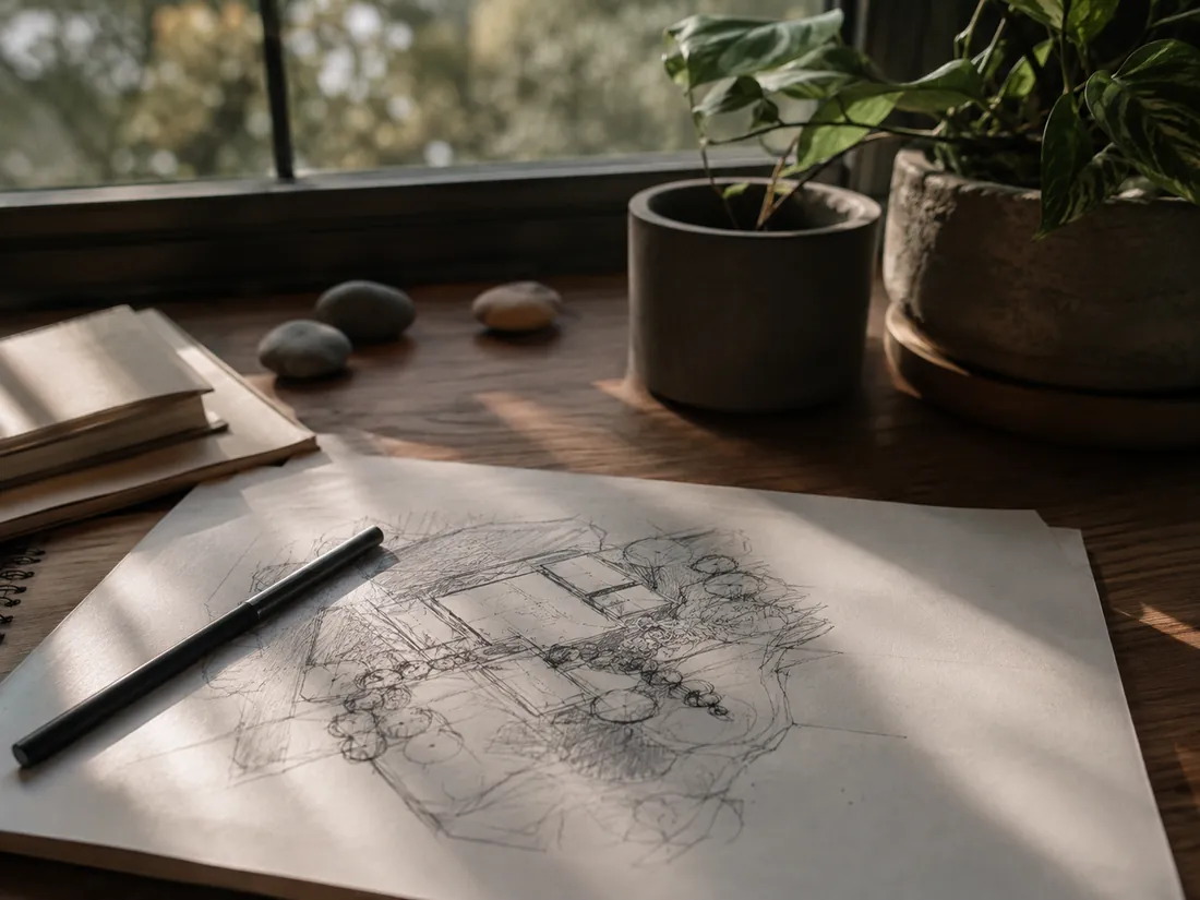 A sketch of a website layout on paper in warm daylight