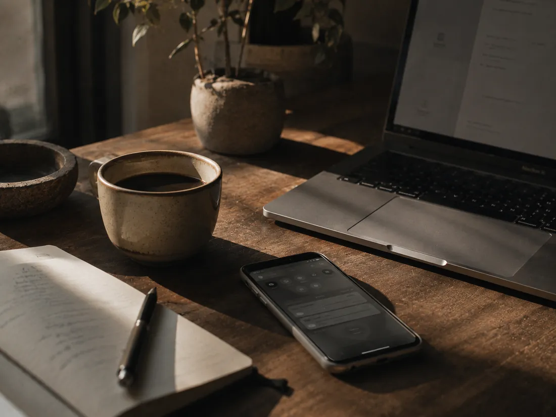 A phone and coffee cup on a wooden desk, representing ongoing work