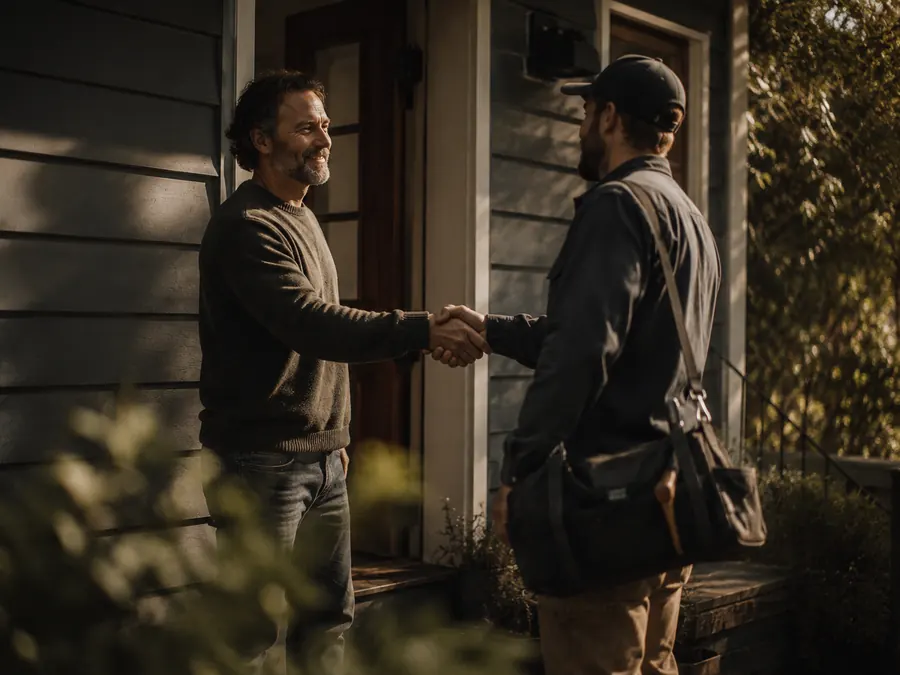 A business owner shaking hands with a customer on a front porch