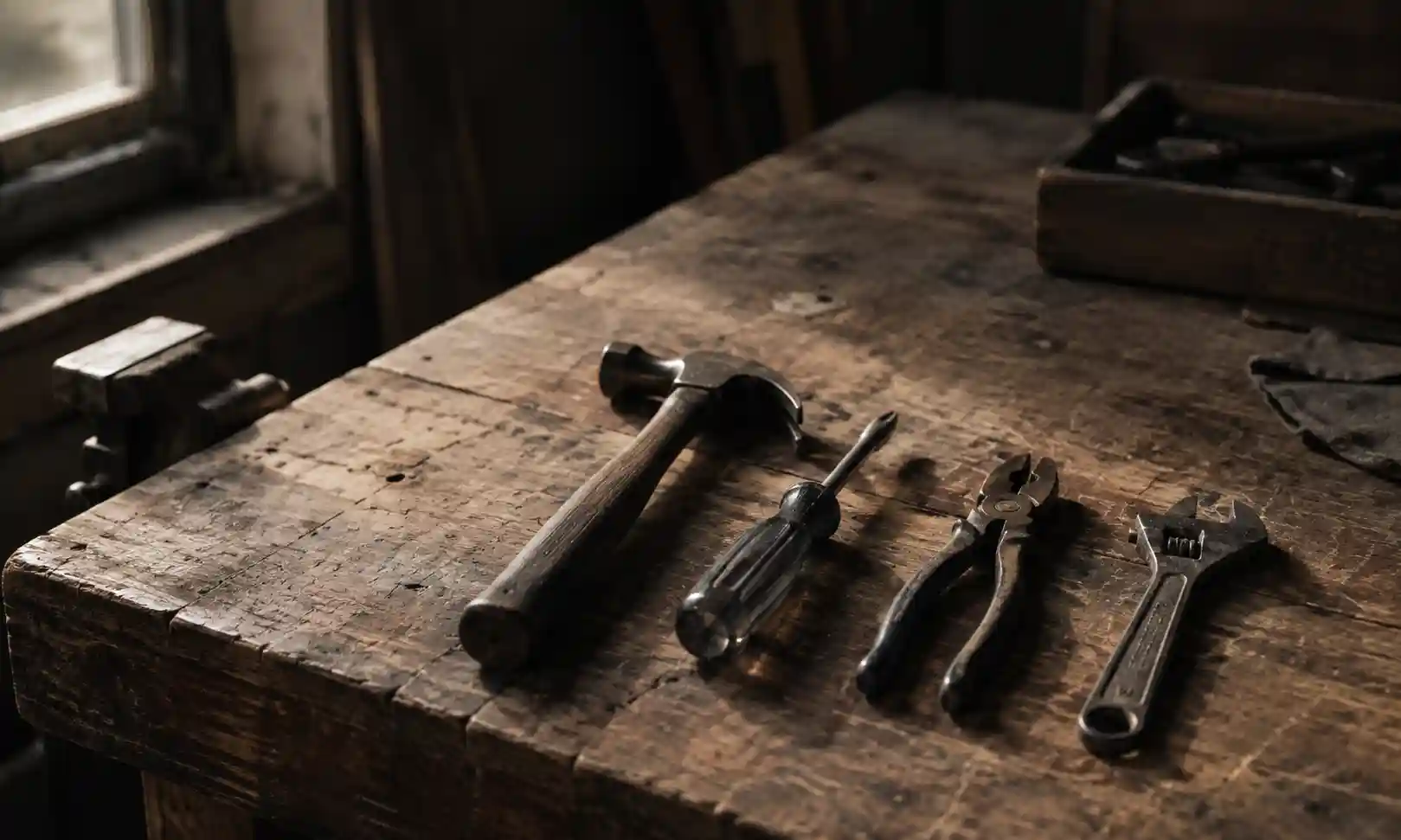 A tradesperson's workbench with well-worn hand tools.