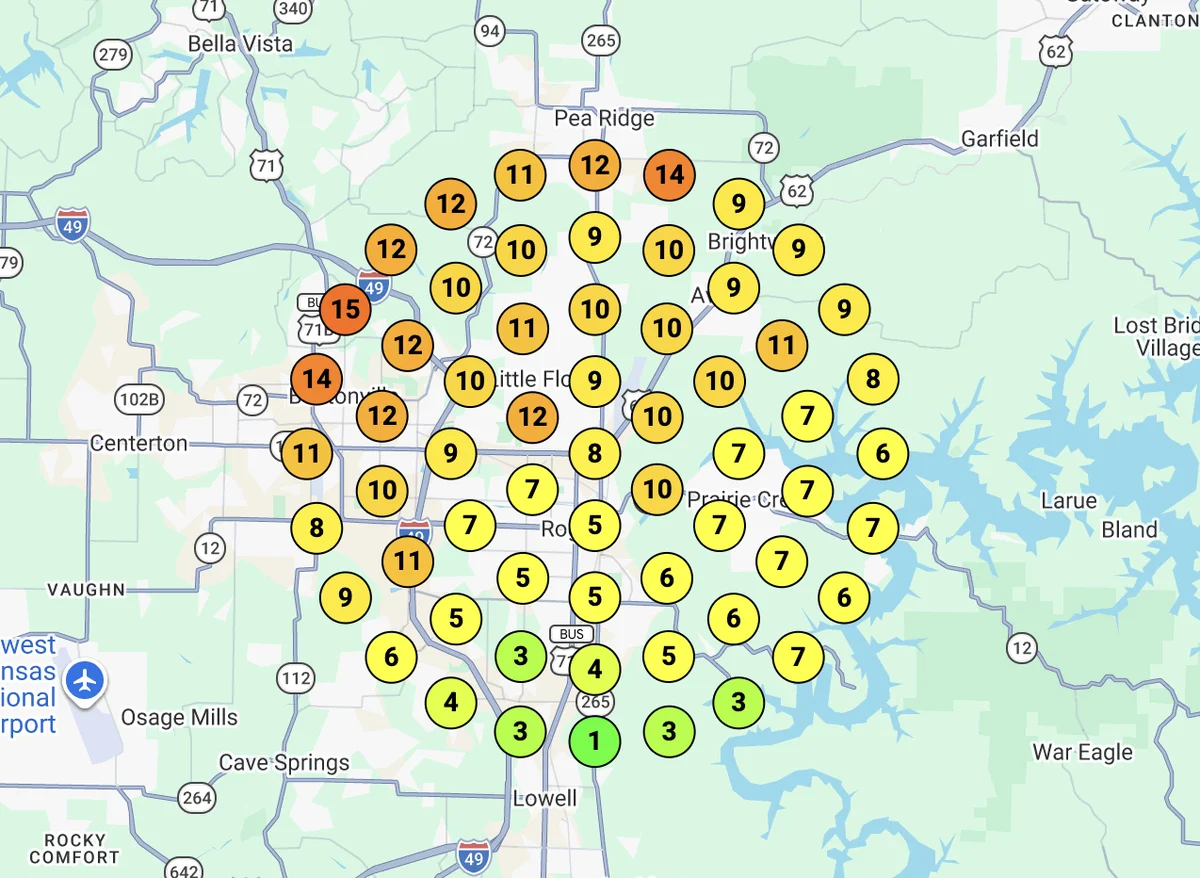 Sample rank map of Rogers and Northwest Arkansas showing local search positions with green top-three markers and other position markers.