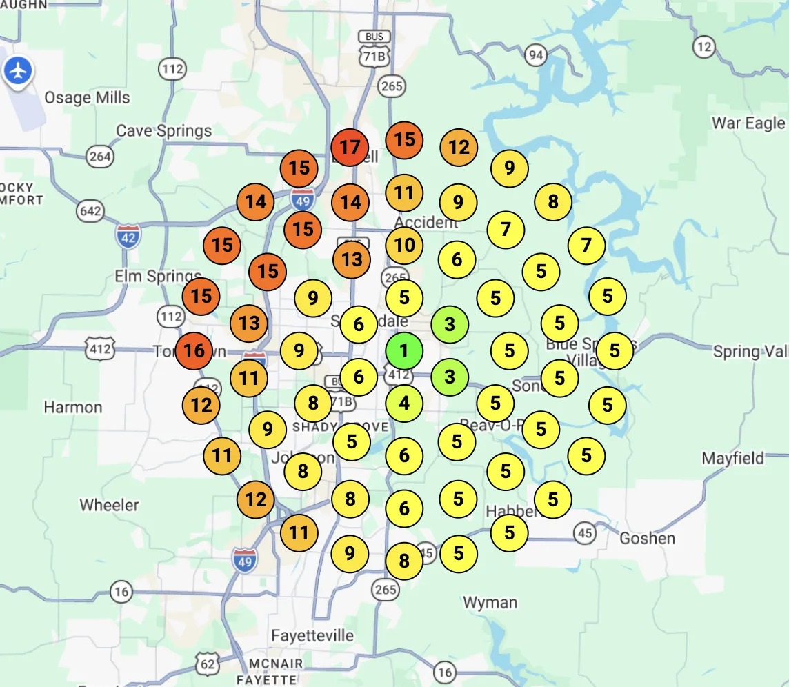 A rank map showing green where the business appears in Google's top three results and white where it does not.