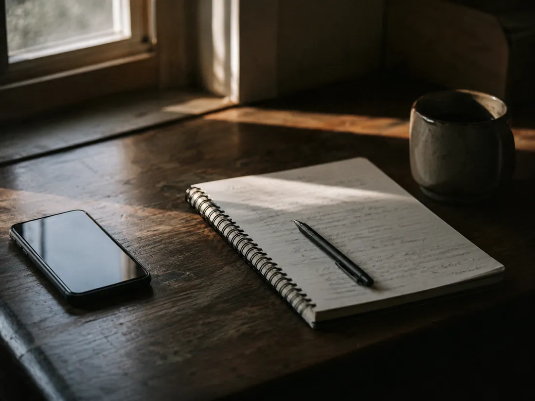 A notebook and phone on a wooden desk, ready for a discovery call