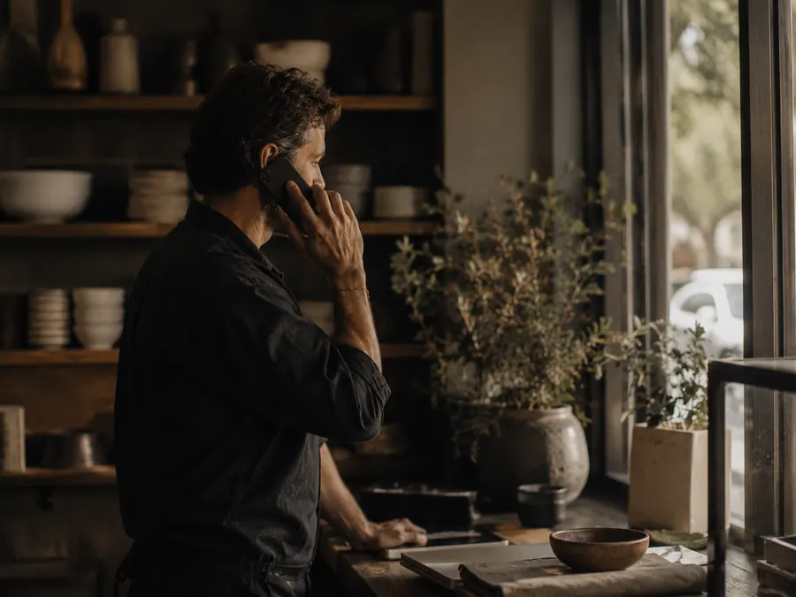 A business owner on the phone at a work counter