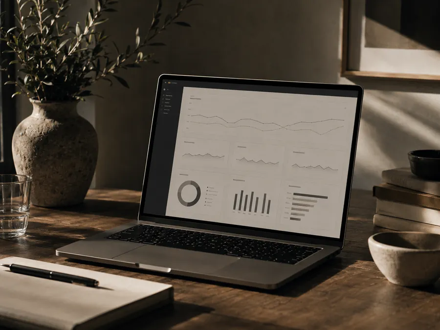 A laptop and notebook on a wooden desk with a cup of coffee