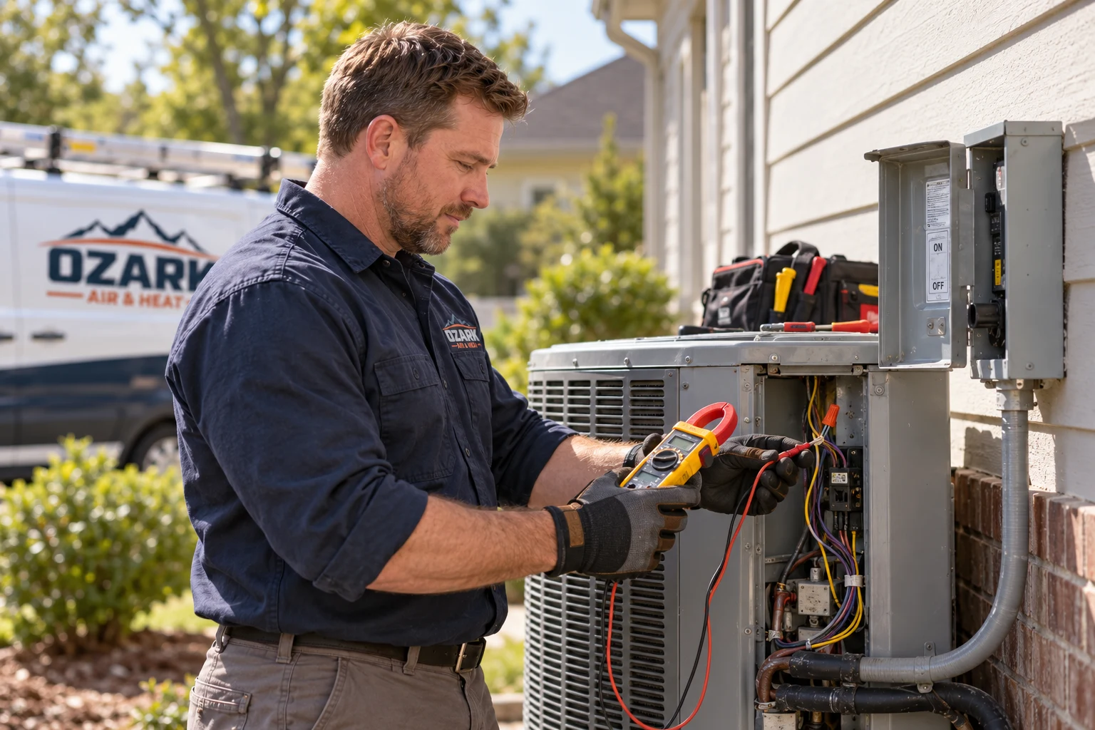 A technician checking an outdoor air conditioning unit with an electrical meter.