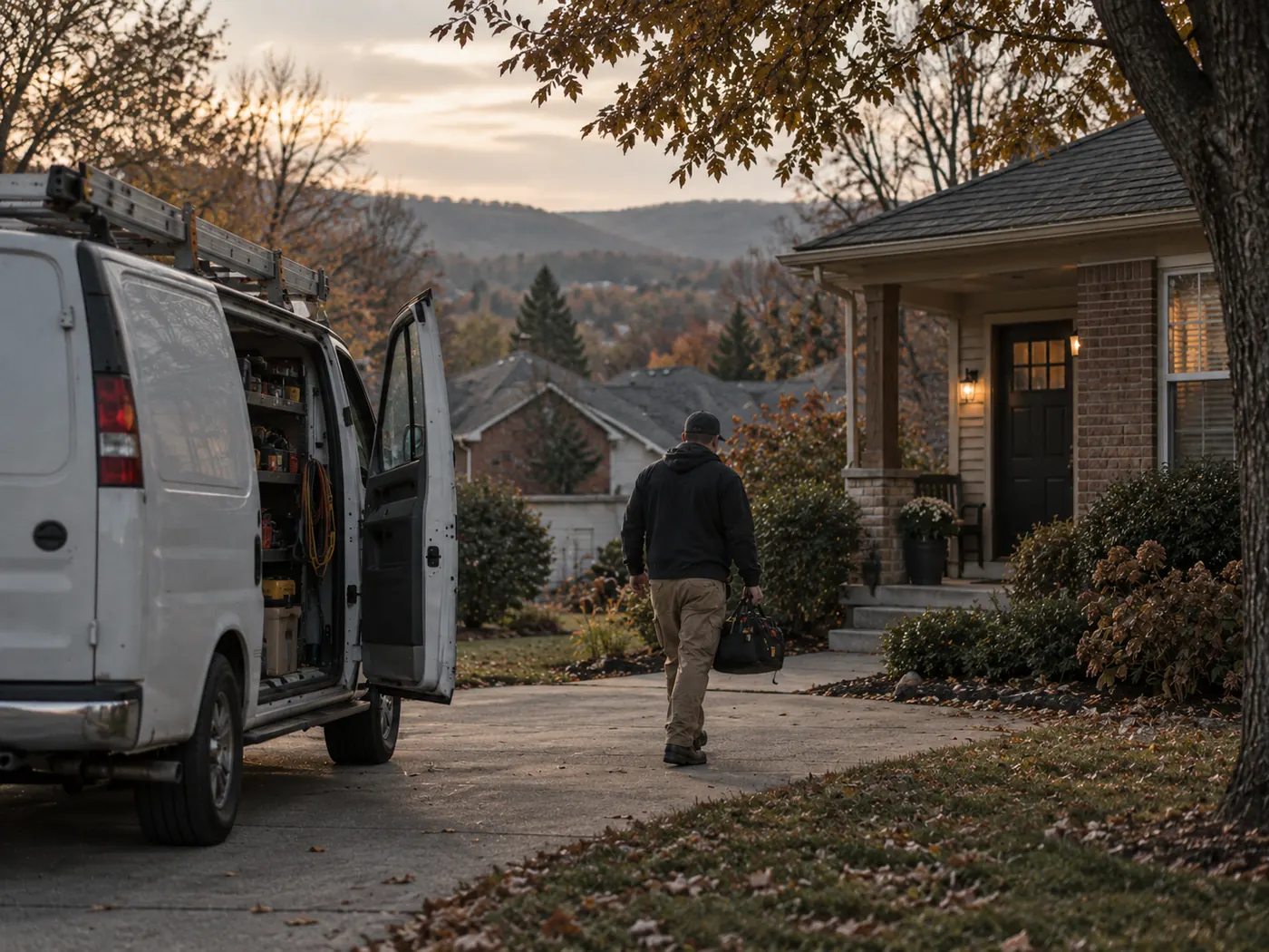 A service technician carrying tools from a work van toward a home