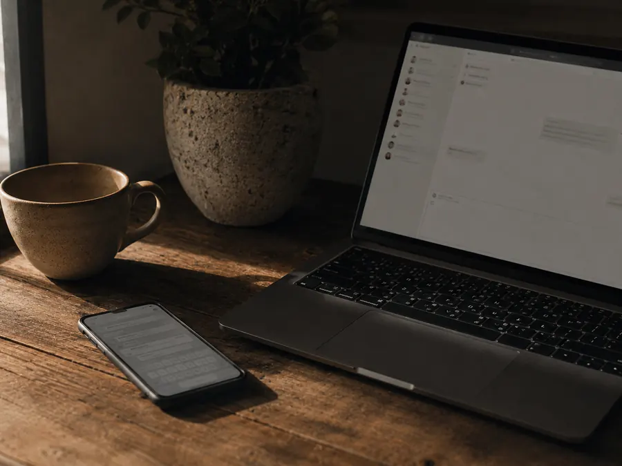 A laptop and phone on a wooden desk showing a messaging inbox