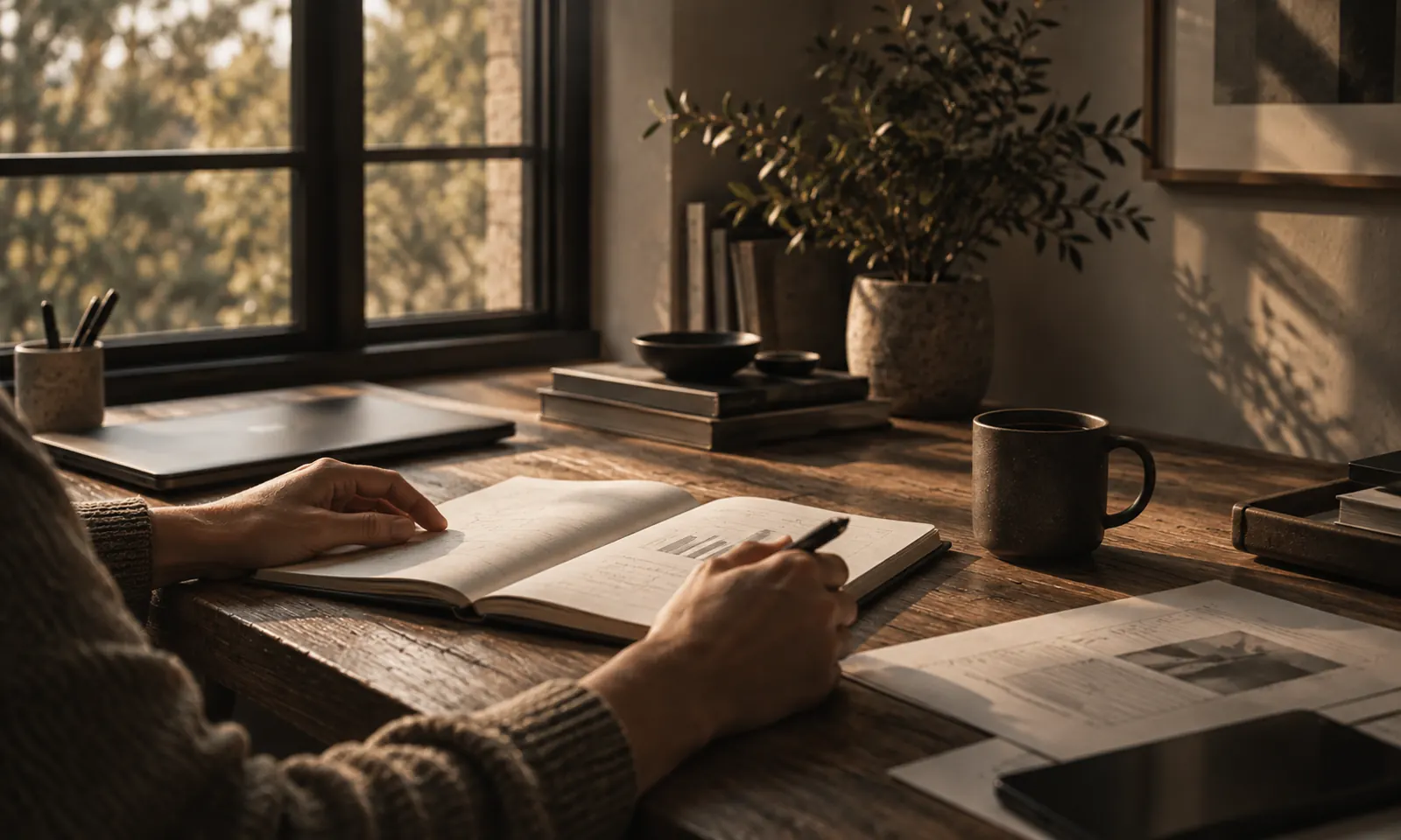 A person writing in an open notebook at a wooden desk by a window, next to a laptop, a mug, and a potted plant.