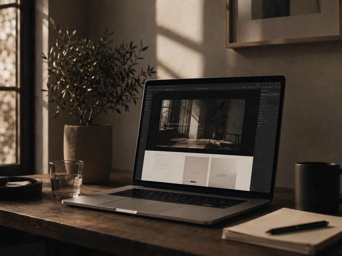 A laptop showing a website design on a wooden desk
