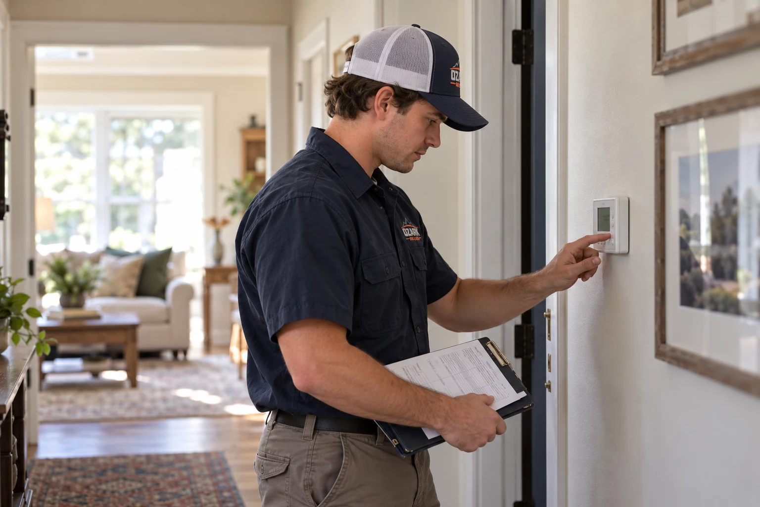 A technician checking a wall-mounted thermostat.