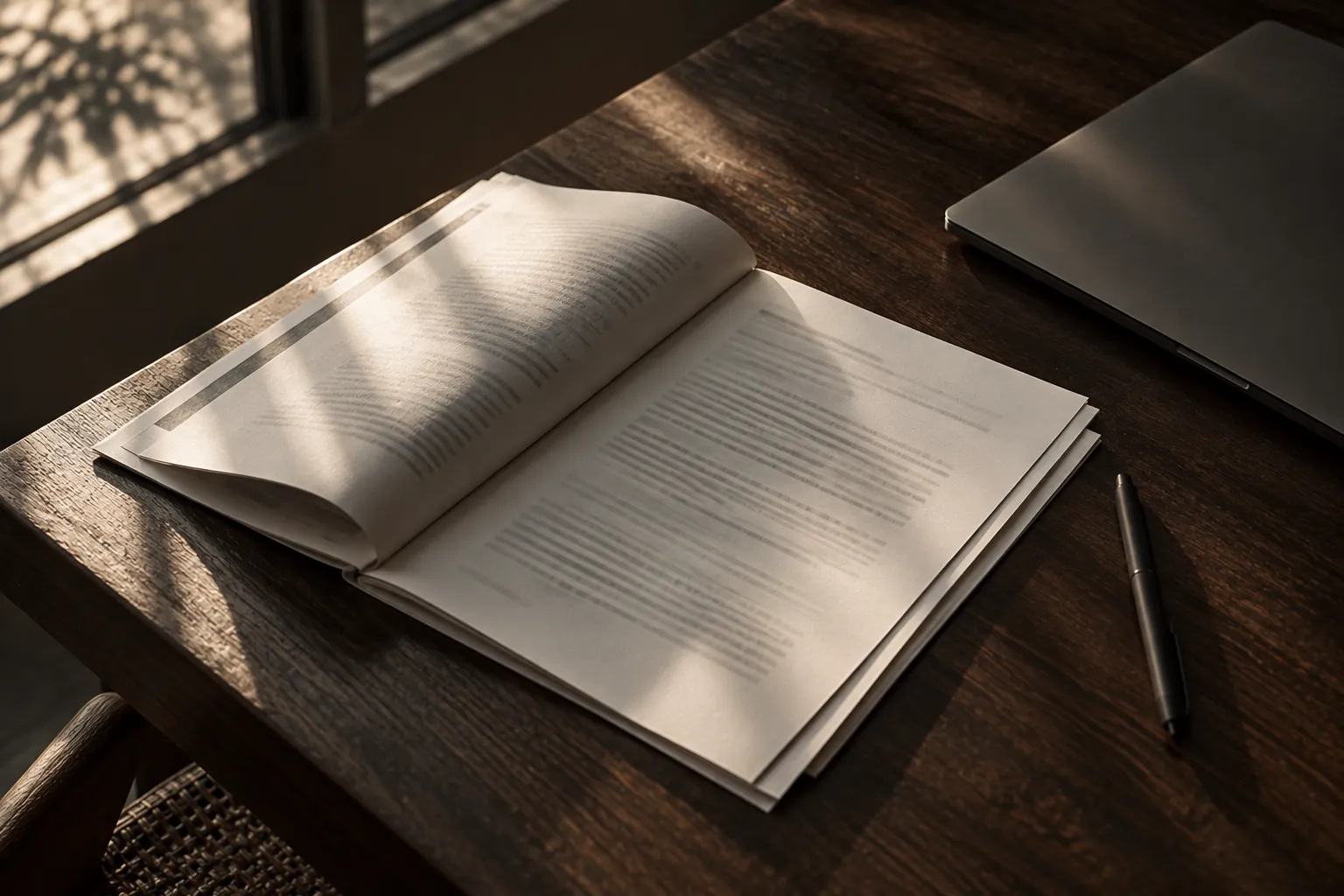 A printed runbook open on a dark wood desk beside a pen.